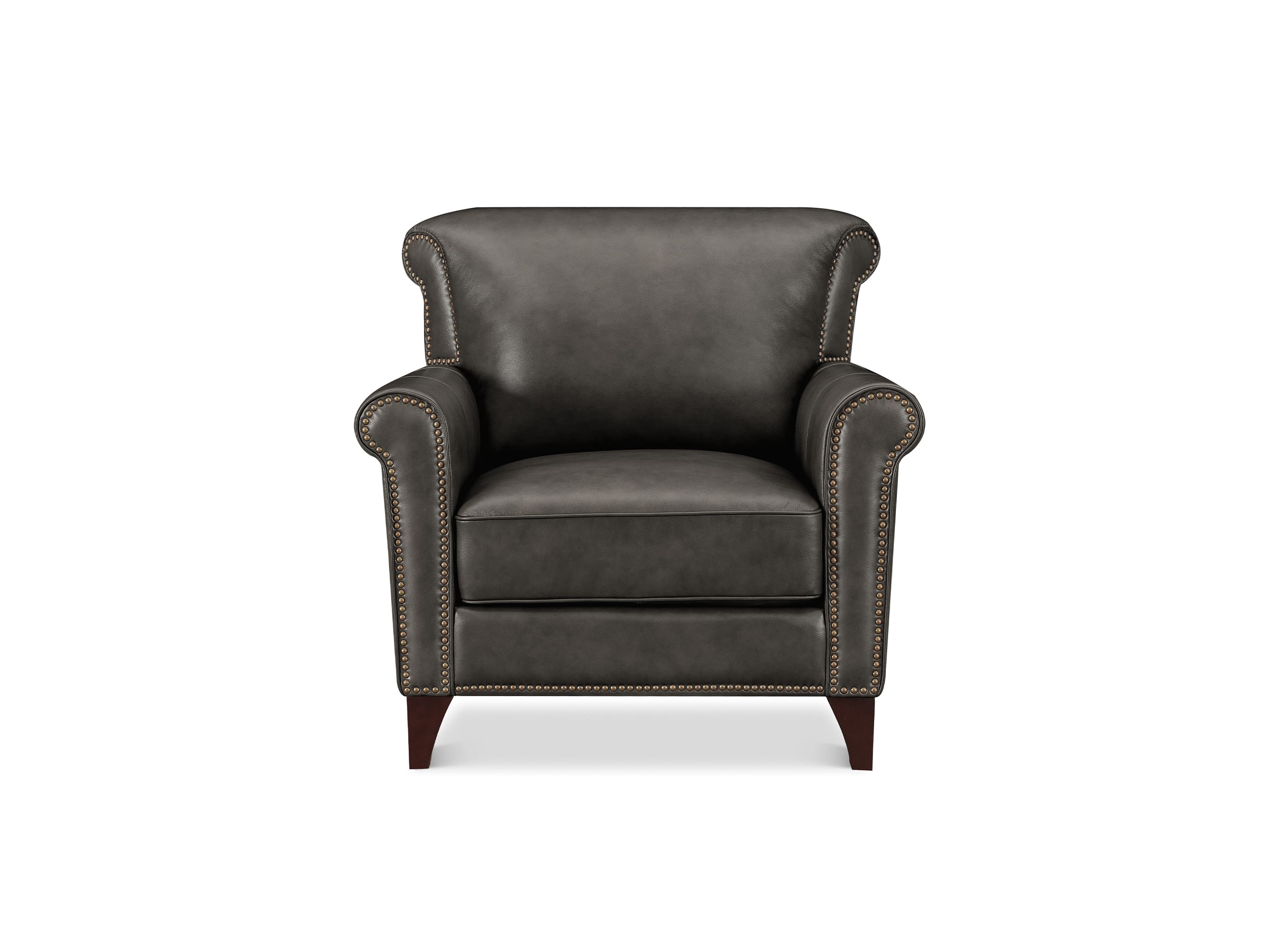 A classic wingback armchair upholstered in dark charcoal gray leather with brass nailhead trim and dark wood legs, shown against a plain white background.