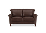 A classic two-seater loveseat sofa upholstered in dark brown leather, featuring rolled arms with nailhead trim, a matching base, and dark wooden legs, shown against a plain white background.