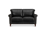 A black leather loveseat sofa with rolled arms, nailhead trim, and dark wooden legs, shown against a plain white background.