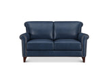A classic two-seater loveseat sofa upholstered in dark brown leather, featuring rolled arms with nailhead trim, a matching base, and dark wooden legs, shown against a plain white background.