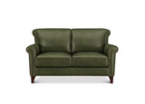 An olive green leather loveseat with dark wood legs and nailhead trim, shown from a front-facing perspective on a white background.