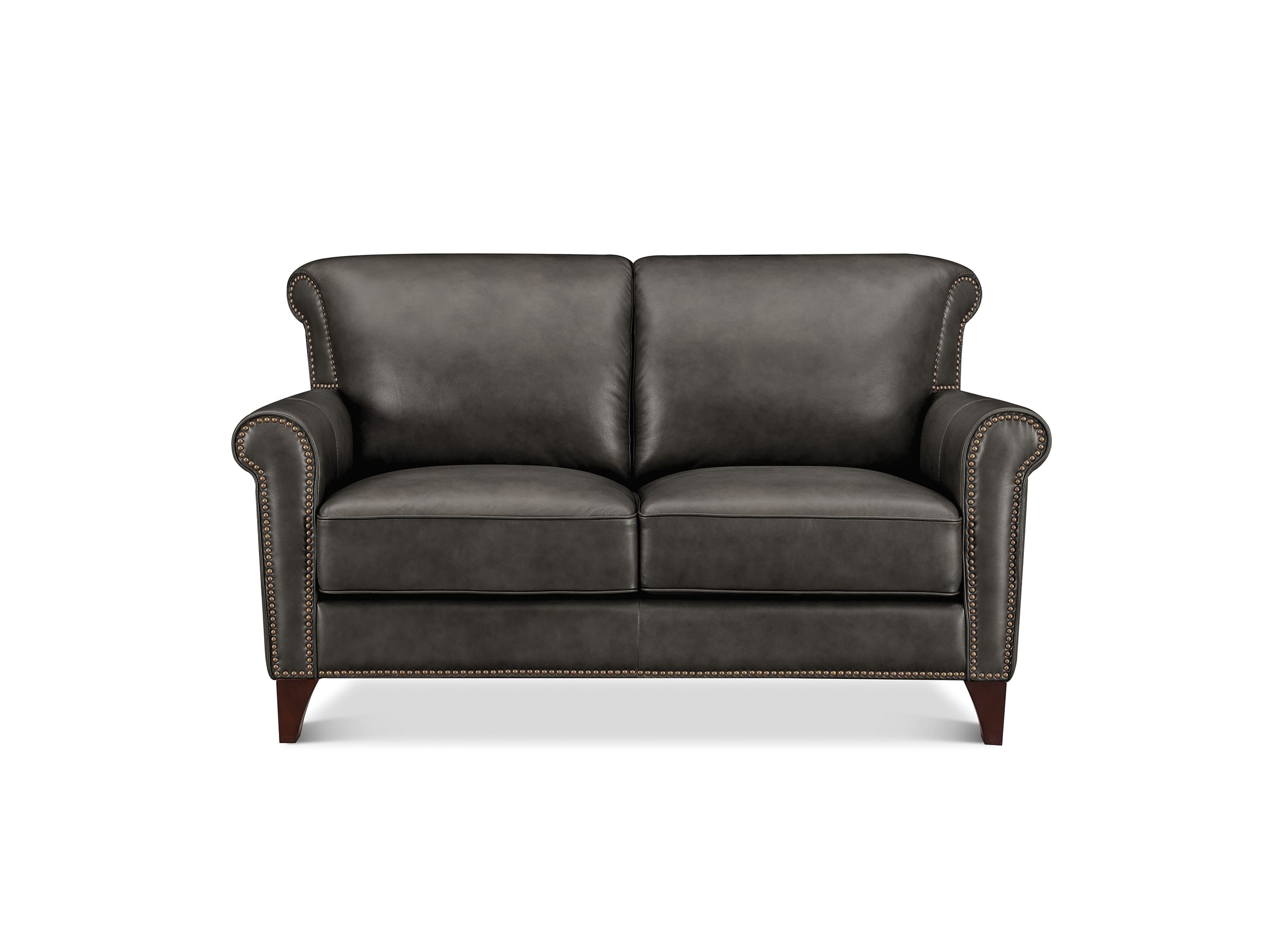 A dark gray leather loveseat with rolled arms, nailhead trim, and dark wooden legs, shown from a front-facing perspective on a white background.
