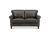 A dark gray leather loveseat with rolled arms, nailhead trim, and dark wooden legs, shown from a front-facing perspective on a white background.