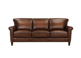 A three-seat brown leather sofa with rolled arms, nailhead trim, and dark wooden legs, shown against a plain white background.