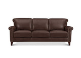 A three-seat brown leather sofa with rolled arms, nailhead trim, and dark wooden legs, shown against a plain white background.