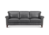 A three-seat gray leather sofa with rolled arms, nailhead trim, and dark wood legs, shown against a plain white background.