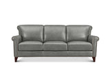 A three-seat gray leather sofa with rolled arms, nailhead trim, and dark wood legs, shown against a plain white background.