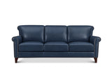 A three-seat navy blue leather sofa with rolled arms, nailhead trim, and dark wood legs, shown against a plain white background.