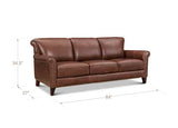 Brown leather sofa with dimensions on a white background