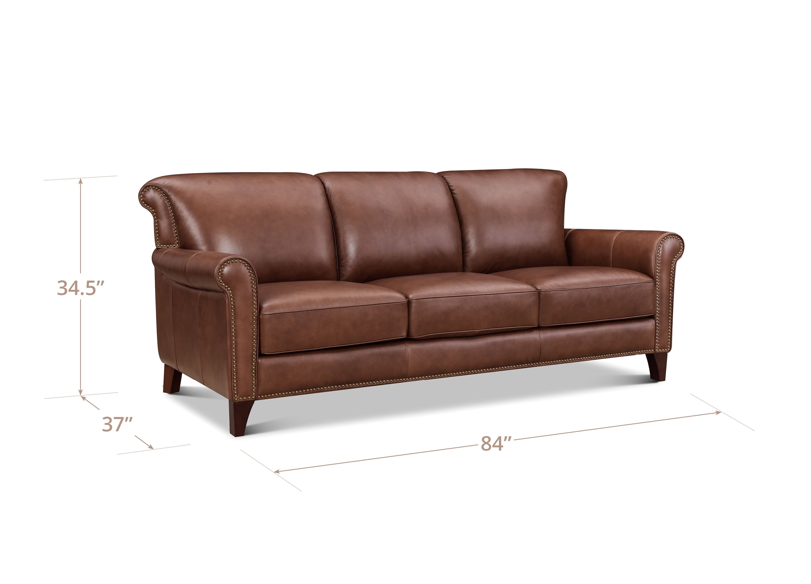 A brown leather loveseat sofa shown on a white background with dimension lines and labels indicating 34.5 inches tall, 37 inches deep, and 84 inches wide.