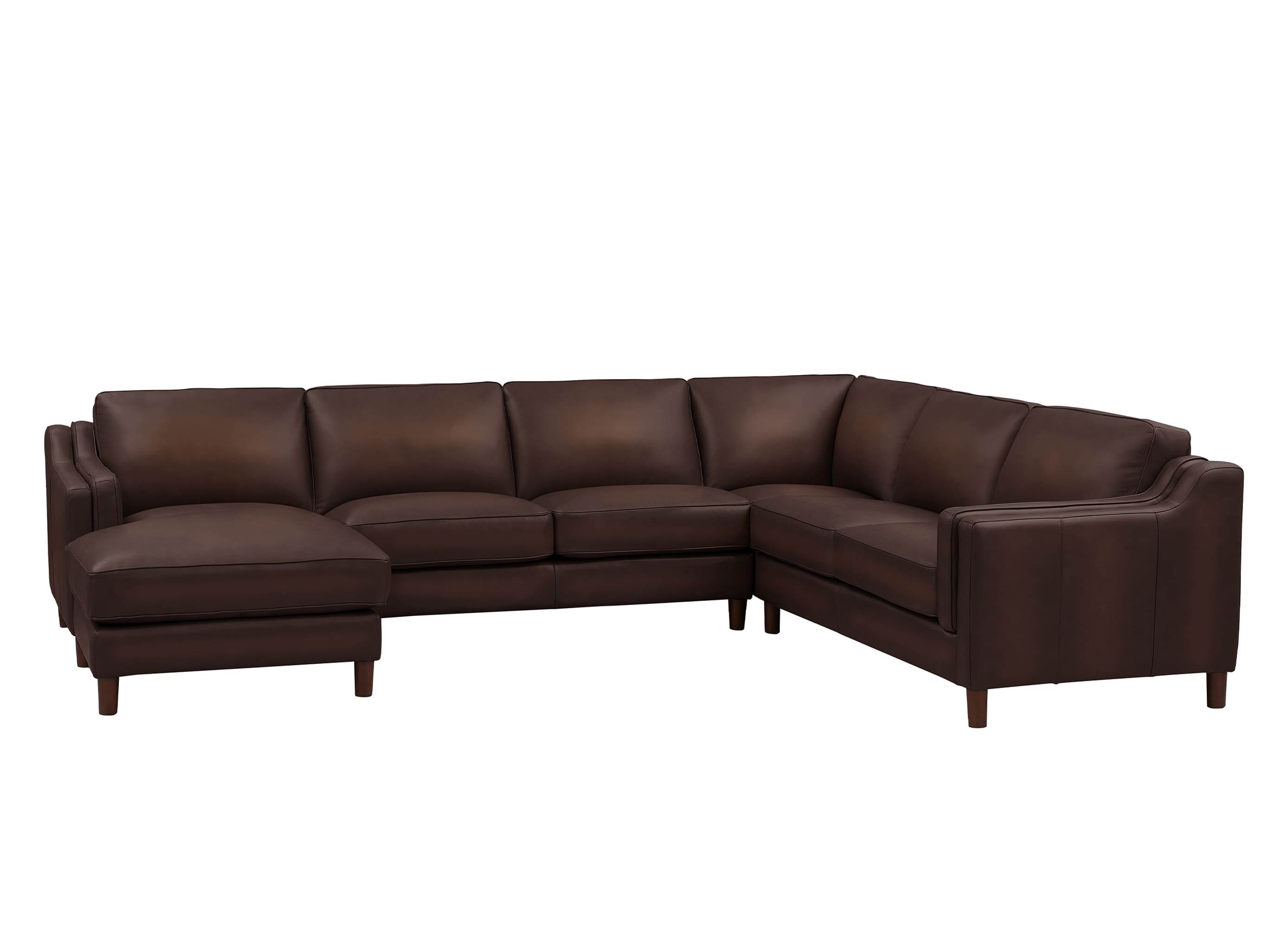A dark brown leather sectional sofa with a left-facing chaise lounge and right-facing armrest, shown from a three-quarter angle on a plain white background.