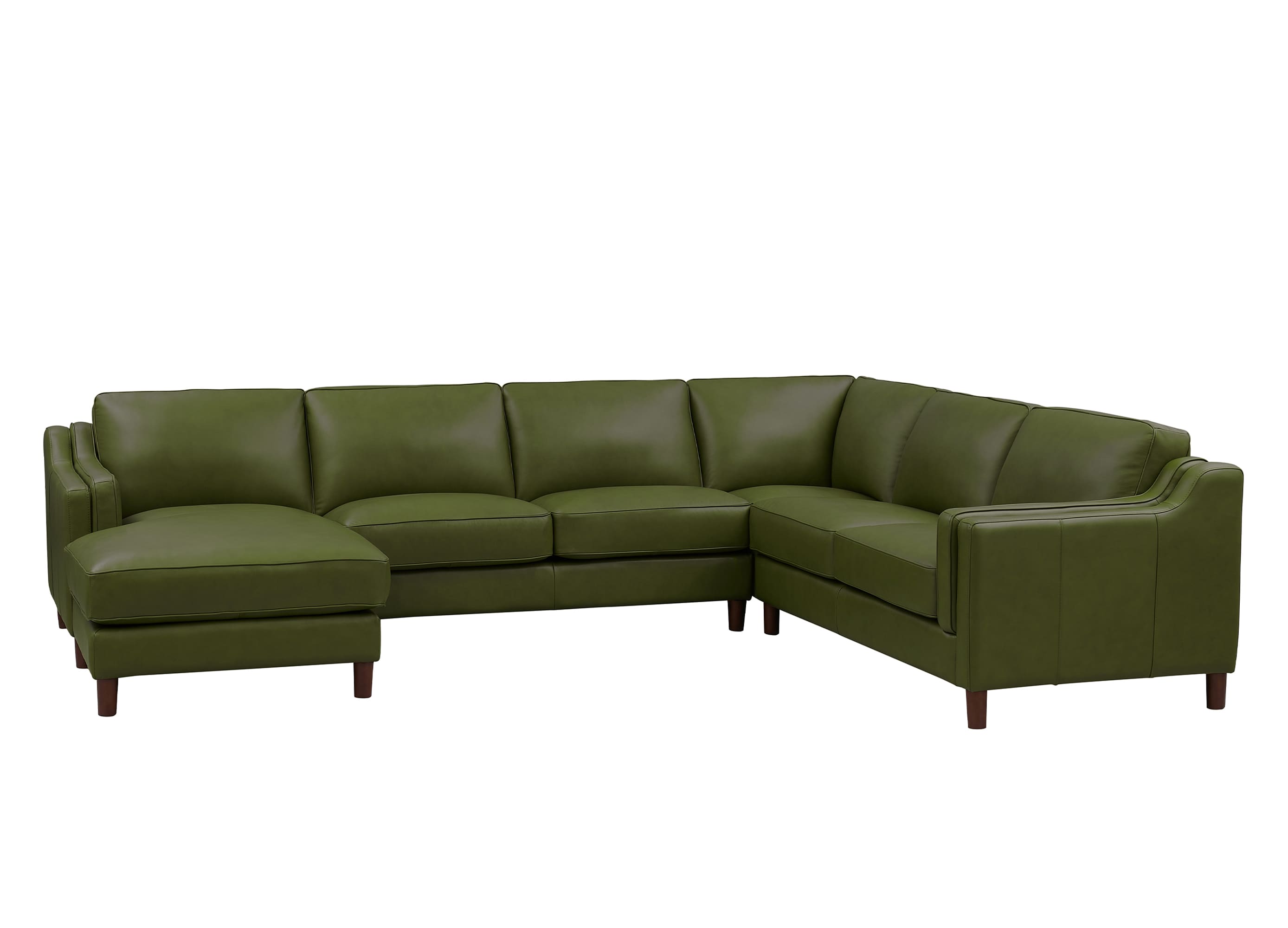An olive green sectional sofa with a chaise lounge on the left, featuring dark brown wooden legs, shown against a plain white background.