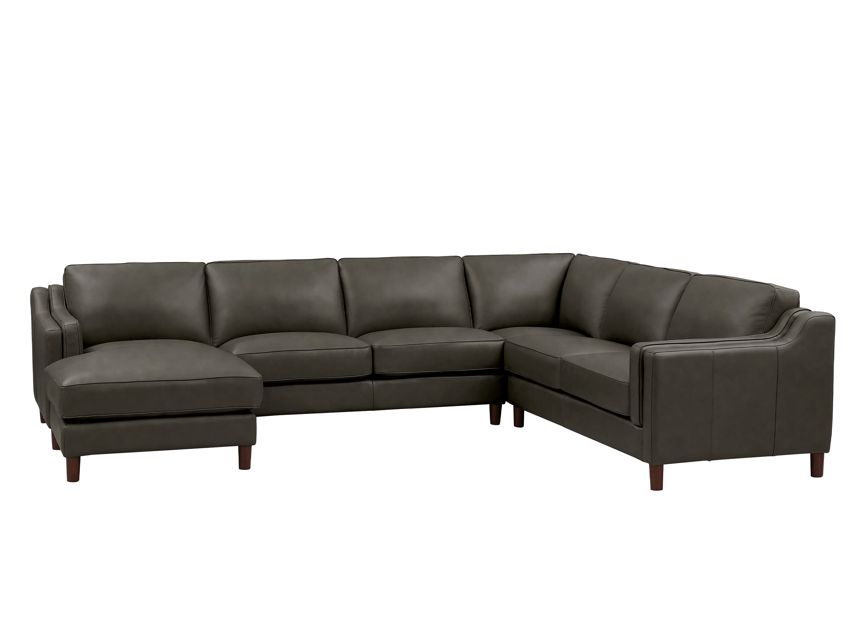A dark brown leather sectional sofa with a chaise lounge on the left side, shown against a plain white background.