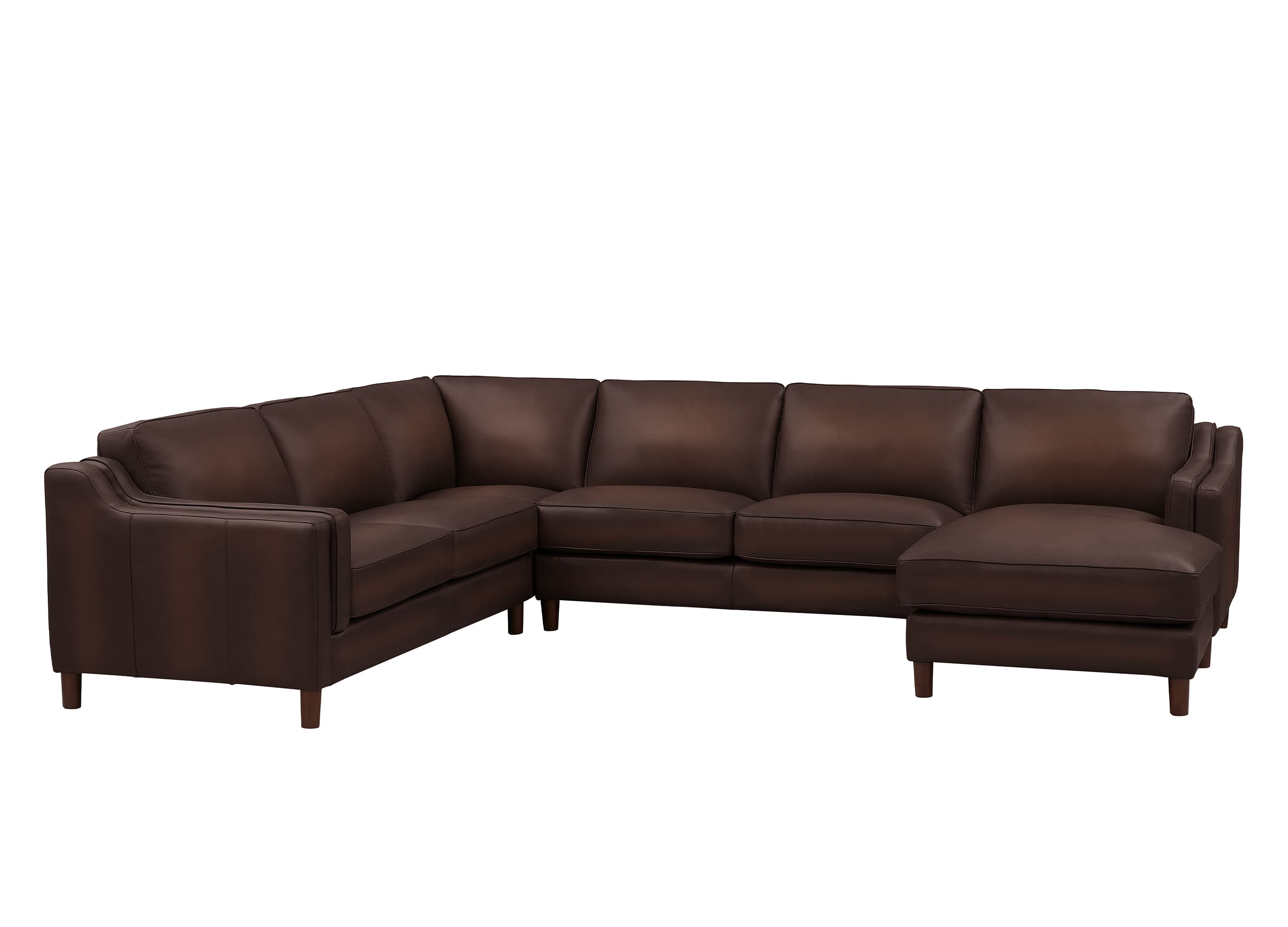 A dark brown leather sectional sofa with an L-shaped configuration and a chaise lounge on the right side, shown against a plain white background.