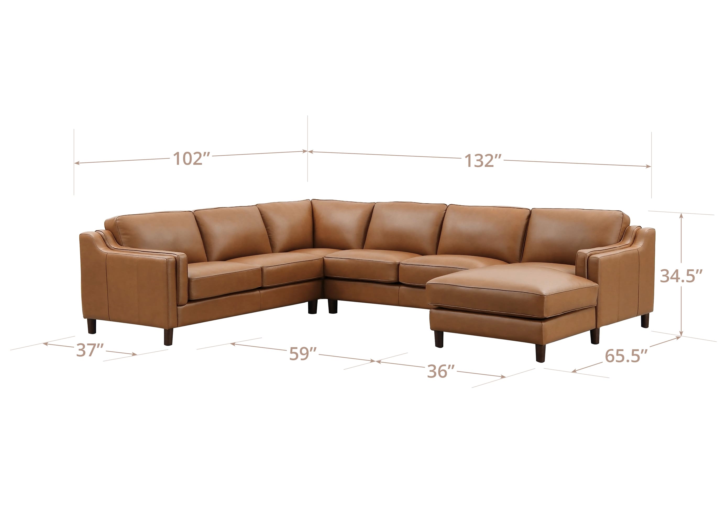 Brown leather sectional sofa with dimension callouts showing width, depth, and height measurements on a white background.