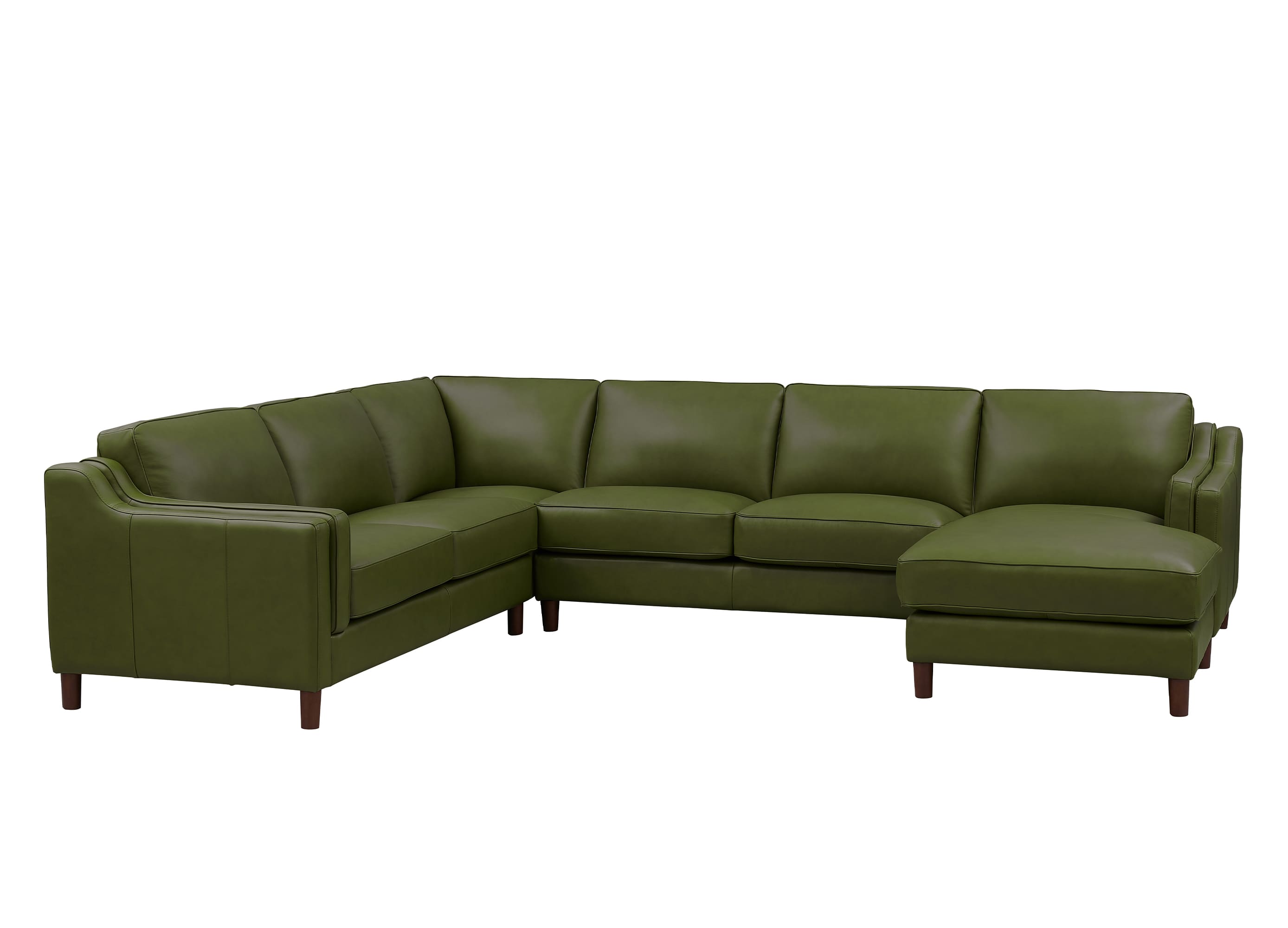 An olive green sectional sofa with a right-facing chaise lounge and dark wooden legs, shown against a plain white background.