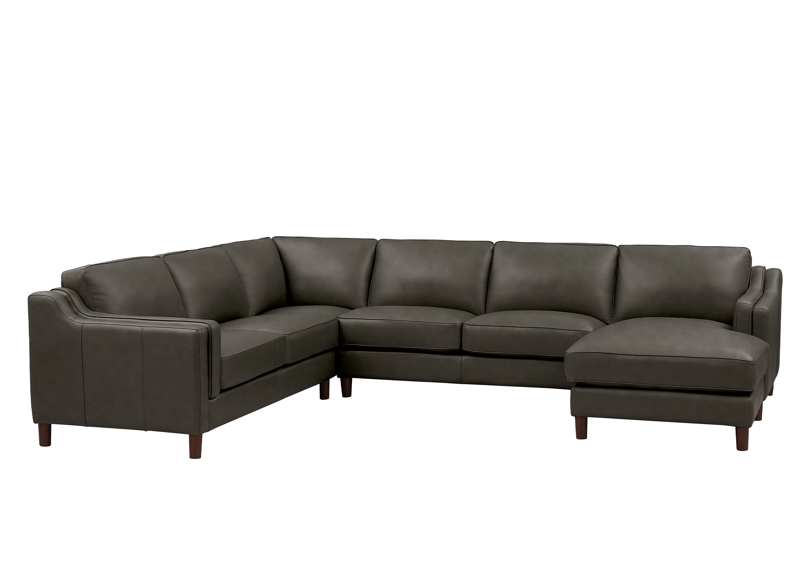 A dark brown leather sectional sofa with a left-facing chaise lounge, shown from a three-quarter angle against a plain white background.