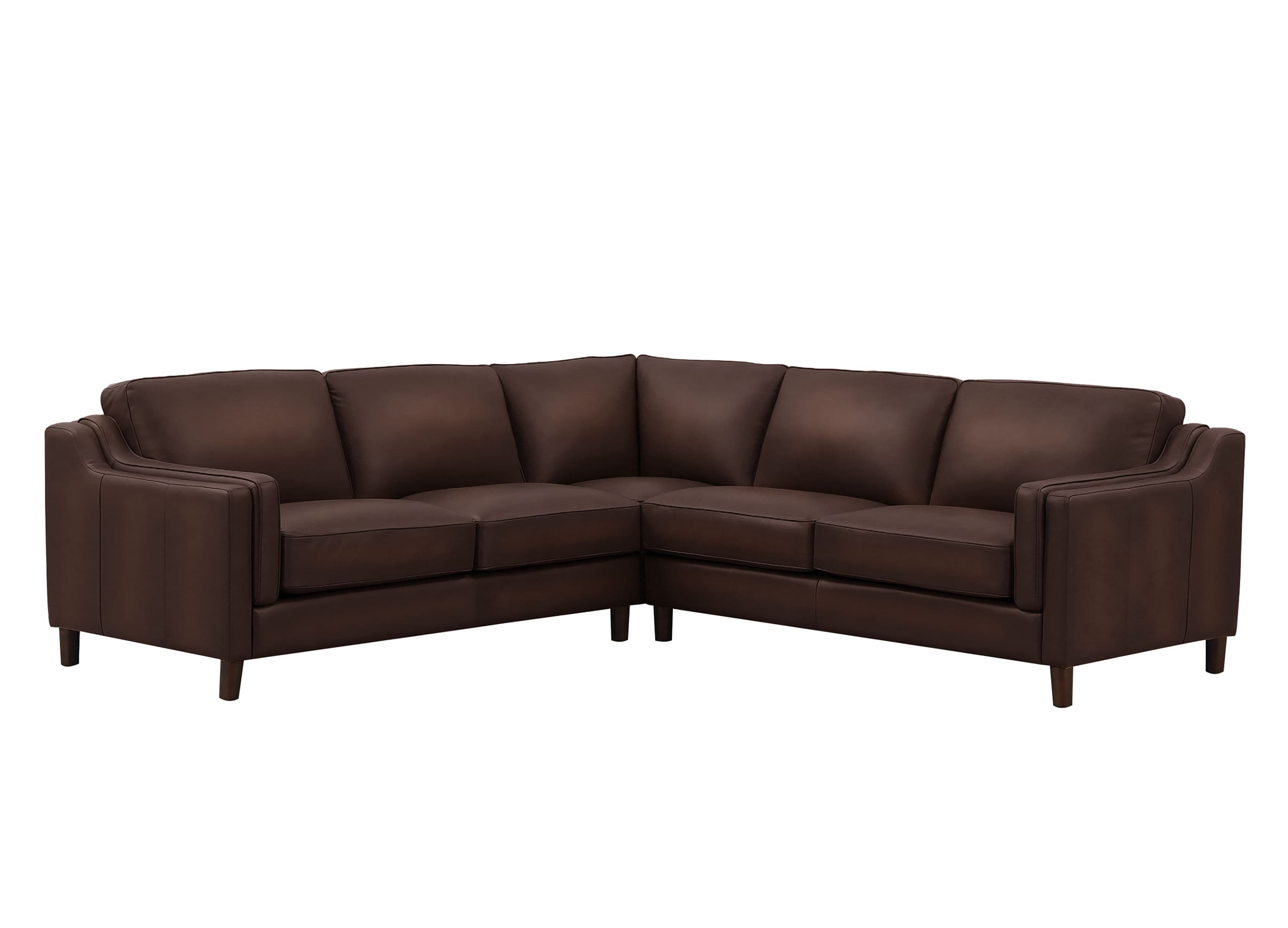 A dark brown leather sectional sofa with a right-angle corner design, shown from a three-quarter angle against a plain white background.