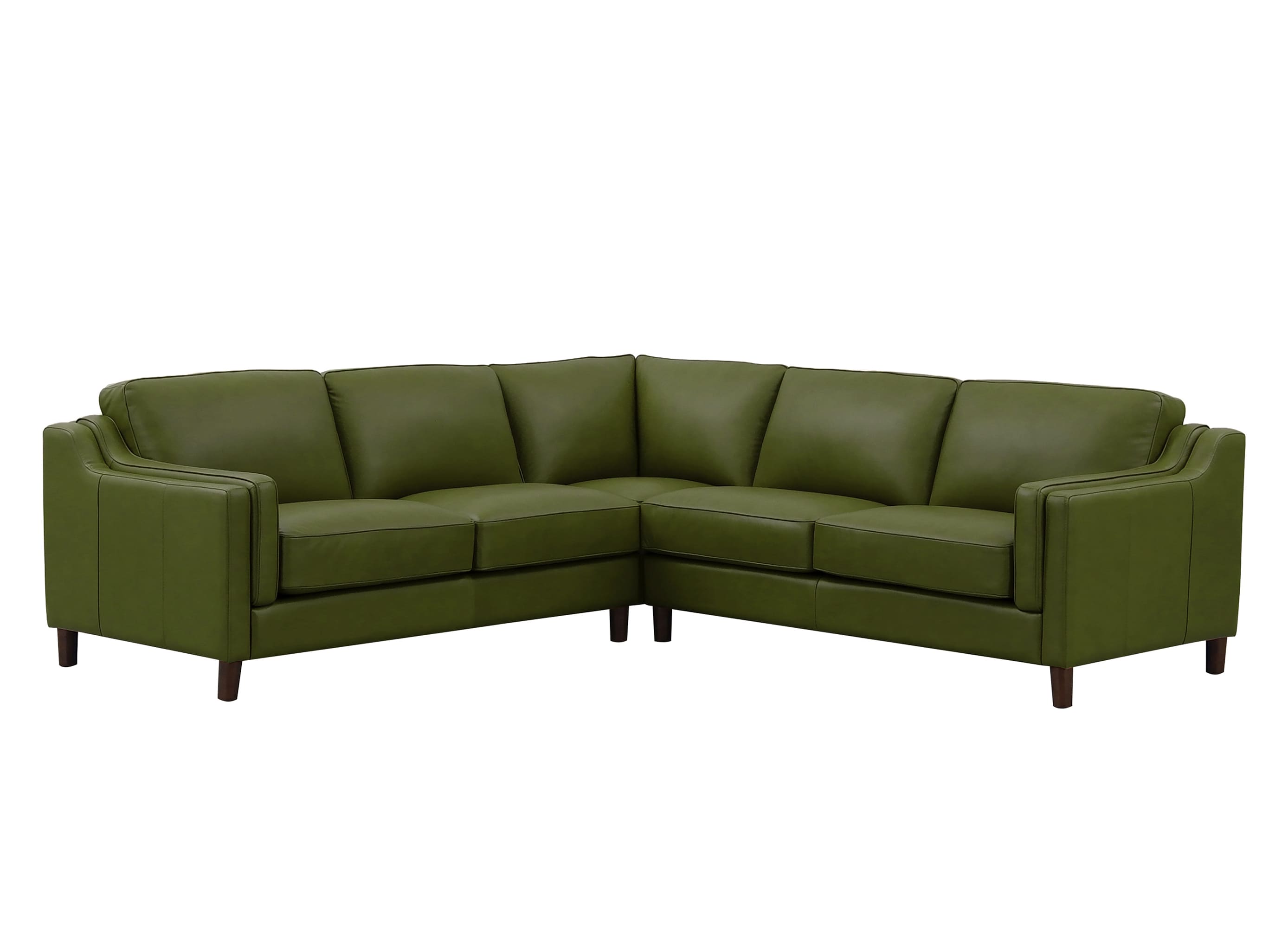 An olive green sectional sofa with dark wood legs, shown from a three-quarter angle against a plain white background.