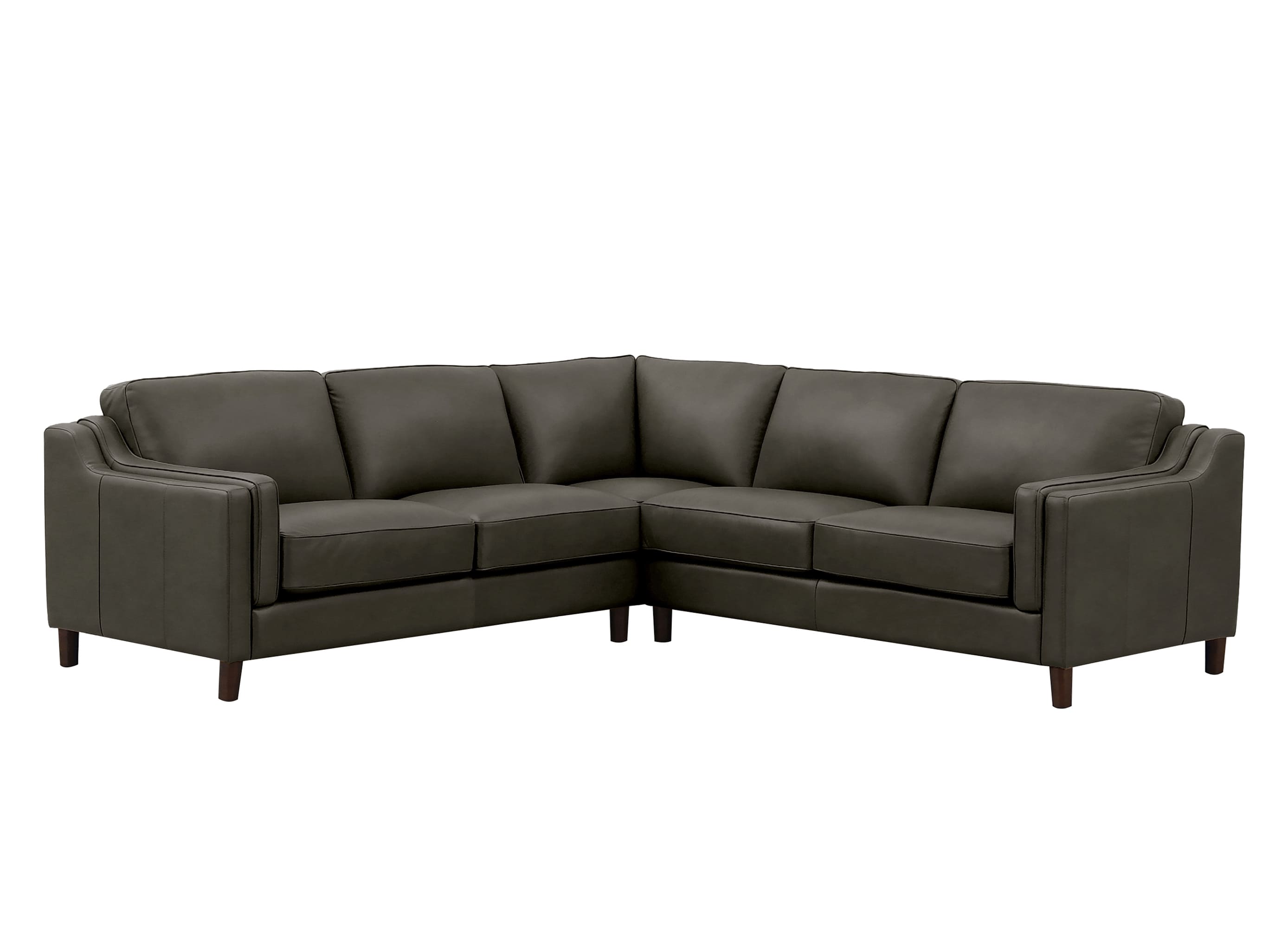 A dark gray leather sectional sofa with a right-angle corner design, featuring plush seat cushions, back cushions, and dark brown wooden legs, shown against a plain white background.