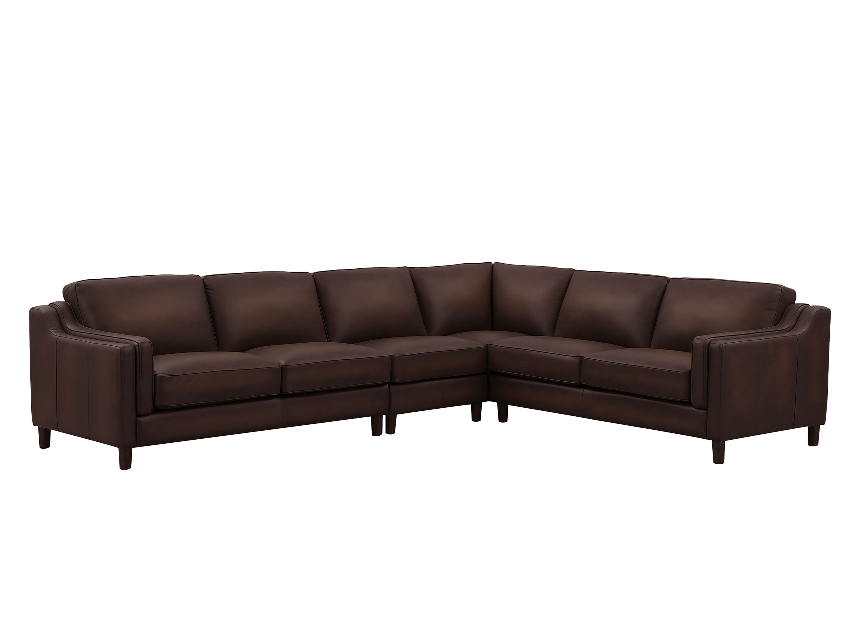 A dark brown leather sectional sofa with a U-shaped design, shown from a three-quarter angle against a plain white background.