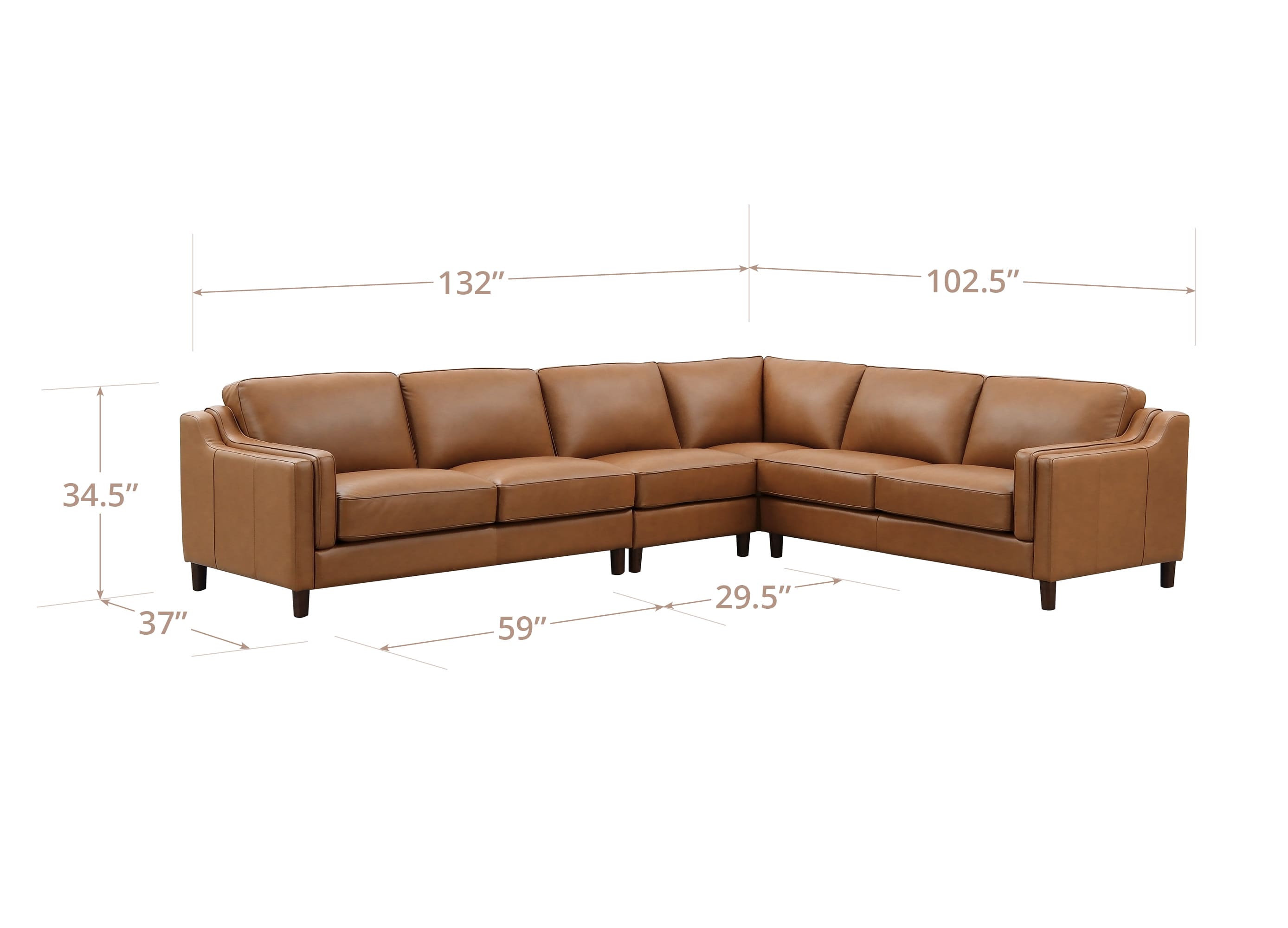 Brown leather sectional sofa with dimension lines and measurements showing width, height, and depth on a white background.