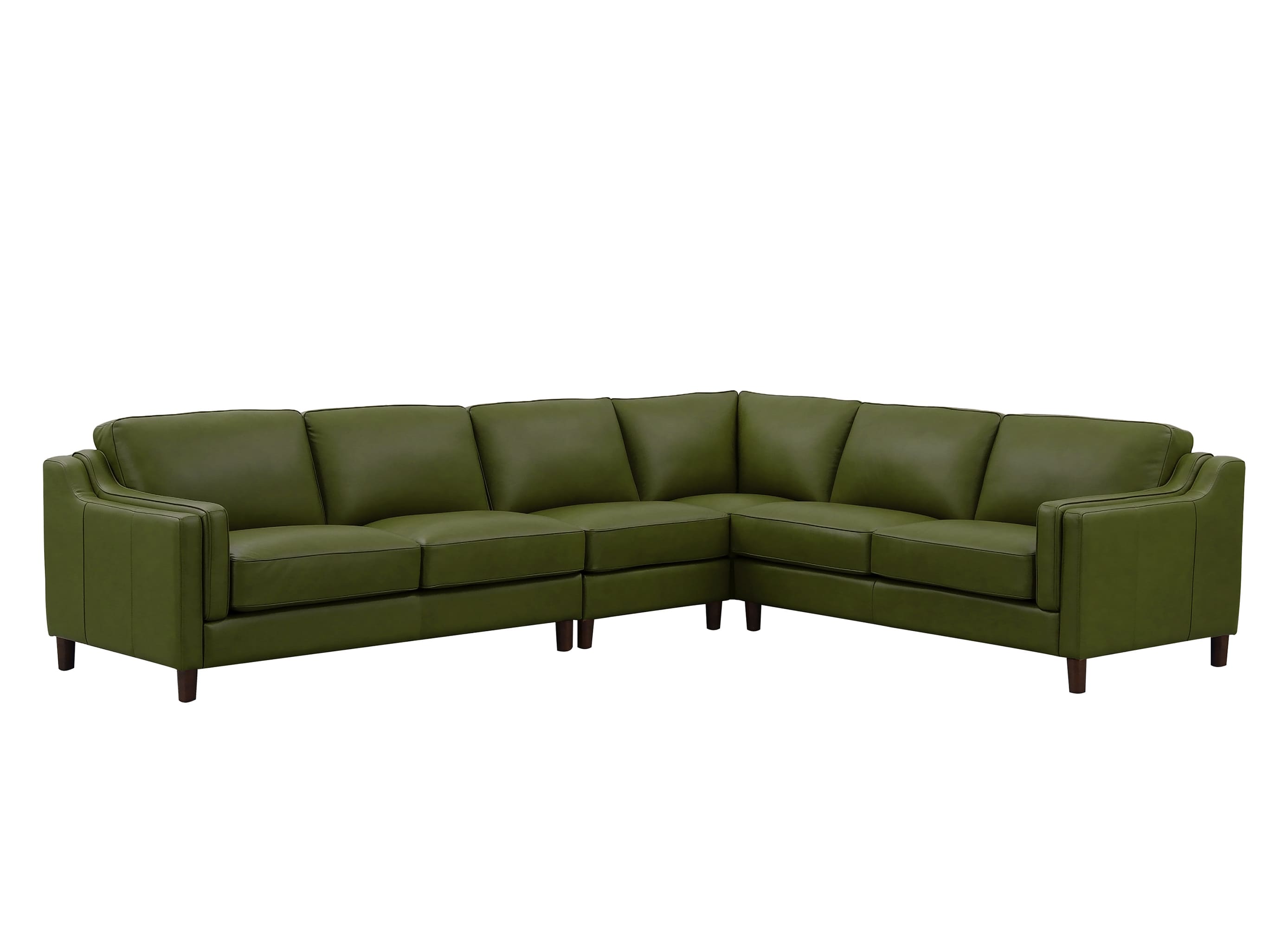 A dark brown leather sectional sofa with a U-shaped design, shown from a three-quarter angle against a plain white background.