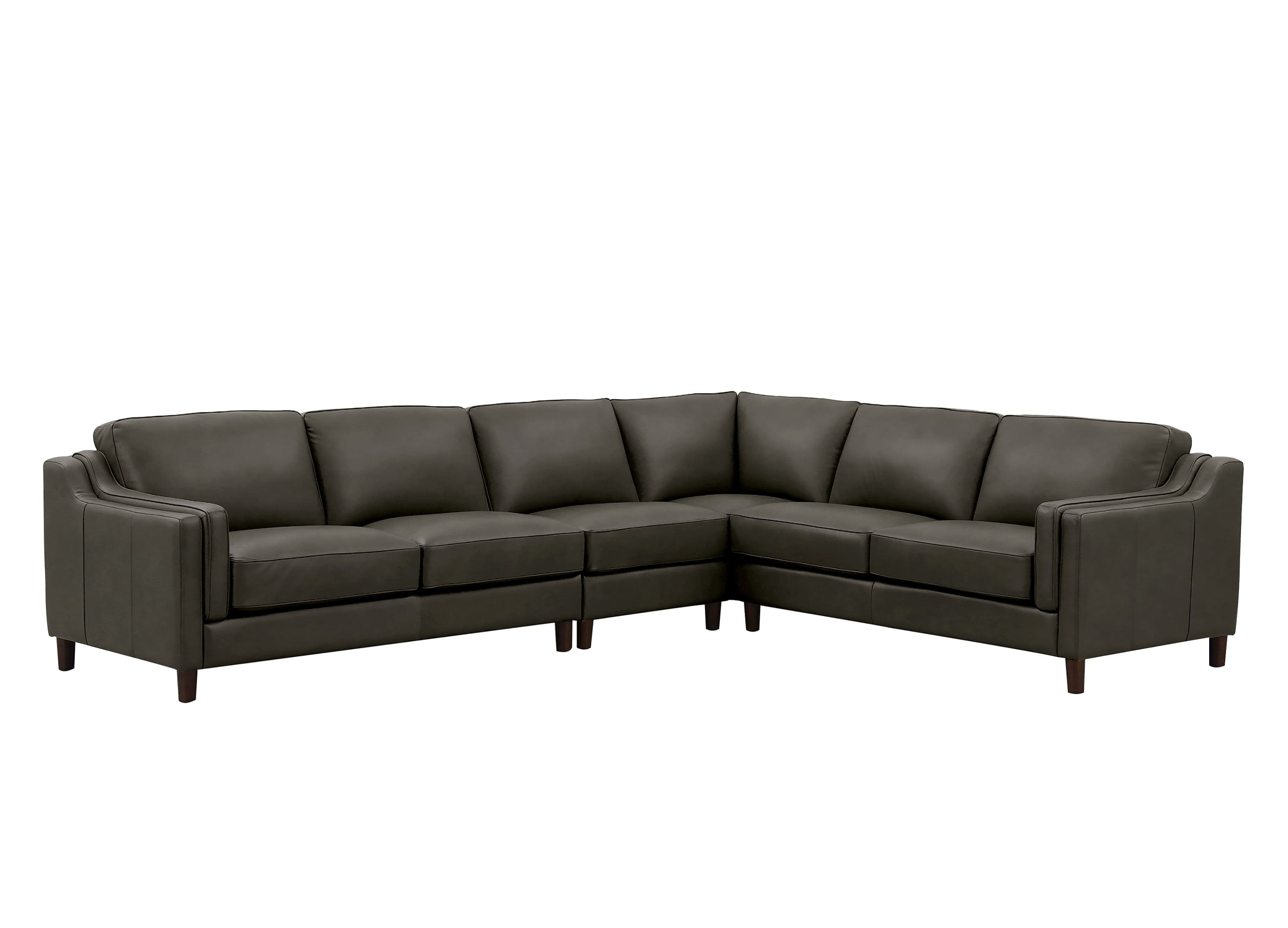 A dark gray modular sectional sofa with a U-shape configuration, featuring dark wood legs, shown against a plain white background.