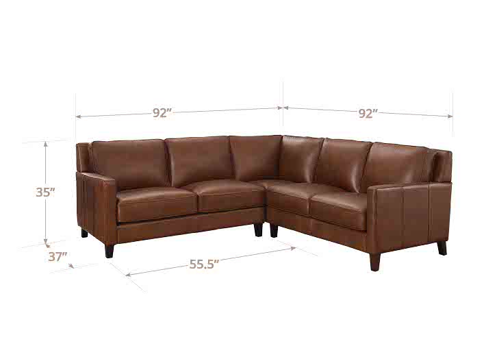 Brown leather sectional sofa with dimensions on a white background