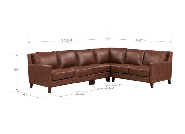 Brown leather sectional sofa with dimensions on a white background