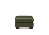 An olive green upholstered ottoman with dark brown wooden legs, shown from the front against a plain white background.