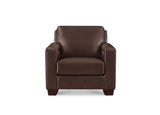 A dark brown leather armchair with a square backrest and block arms, shown from the front against a plain white background.