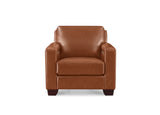 A brown leather armchair with a square back, wide armrests, and dark wooden legs, shown against a plain white background.