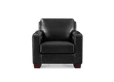 A black leather armchair with square arms and dark wood legs, photographed from the front against a plain white background.
