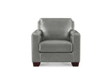 A dark gray upholstered armchair with a square back, wide armrests, and dark brown wooden legs, shown against a plain white background.