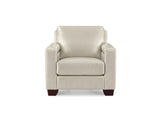A modern upholstered armchair in light beige leather with dark brown wooden legs, shown from the front on a white background.