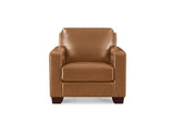 A single brown leather armchair with a low back, square arms, and dark wooden legs, shown against a plain white background.