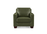 An olive green upholstered armchair with dark reddish-brown wooden legs, shown from a front-facing perspective on a solid white background.