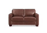 A brown leather loveseat sofa with two seat cushions and square arms, shown from the front on a plain white background.