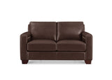 A dark brown leather loveseat sofa with square arms and a two-seat cushion, shown from a front-facing perspective on a solid white background.