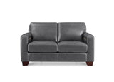 A modern two-seater loveseat sofa upholstered in dark gray leather, featuring square arms, low-profile dark wood legs, and subtle gold accent stitching on the outer armrests, shown against a plain white background.