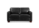 A black leather loveseat sofa with square arms and dark brown wooden feet, shown from a front-facing perspective on a solid white background.