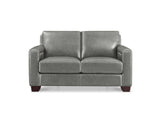 A gray leather loveseat sofa with dark brown wooden legs, shown from a front-facing perspective on a solid white background.