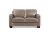 A two-seater loveseat sofa upholstered in taupe leather, featuring dark brown wooden legs, shown against a plain white background.