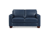 A navy blue leather loveseat sofa with dark brown wooden legs, shown from a front-facing perspective on a solid white background.