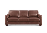A three-seat brown leather sofa with a clean, modern design, shown from a straight-on perspective against a plain white background.