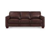 A three-seat leather sofa in dark brown, featuring plush seat cushions, wide armrests, and a low profile, shown against a plain white background.