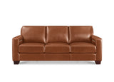 A three-seat leather sofa in a warm cognac brown color, shown from a front-facing perspective against a plain white background.