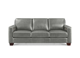 A three-seat gray leather sofa with square arms and dark brown wooden feet, shown from a front-facing perspective on a white background.