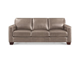 A three-seat leather sofa in a taupe brown color, featuring square arms and dark wooden legs, shown against a plain white background.